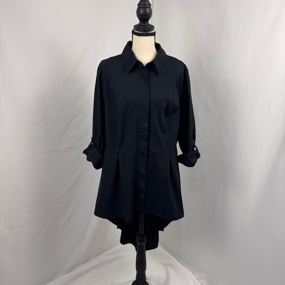 Lane Bryant Tunic Shirt Womens 18 Black High-Low Pleated Roll-Tab A83814